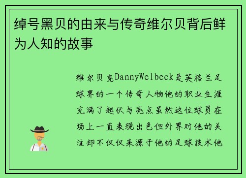 绰号黑贝的由来与传奇维尔贝背后鲜为人知的故事